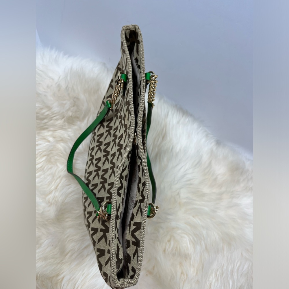 Michael Michael Kors Monogram Canvas Tote Emerald Green Chain and Leather Straps - Picture 7 of 13